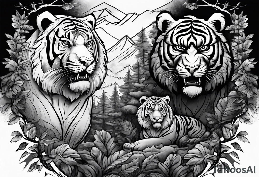 Tiger and bear chest tattoo both on different pecs. They are in a cloudy forest with fierce warriors. Number 14 is in the sternum tattoo idea