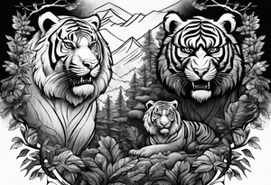 Tiger and bear chest tattoo both on different pecs. They are in a cloudy forest with fierce warriors. Number 14 is in the sternum tattoo idea