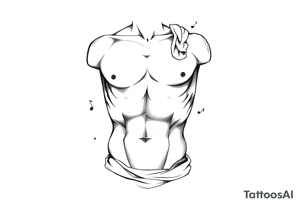Male Greek statue torso. No arms, legs or head. Fit and muscular. Simple design. Hard lines and angles. A few creative arts symbols like music notes scattered around the torso and partially behind it. tattoo idea
