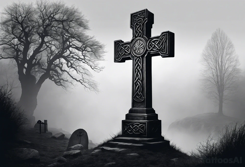 A stone Celtic cross, standing alone in the fog, with a raven perched on the arm of the cross tattoo idea