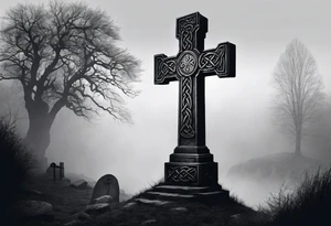 A stone Celtic cross, standing alone in the fog, with a raven perched on the arm of the cross tattoo idea
