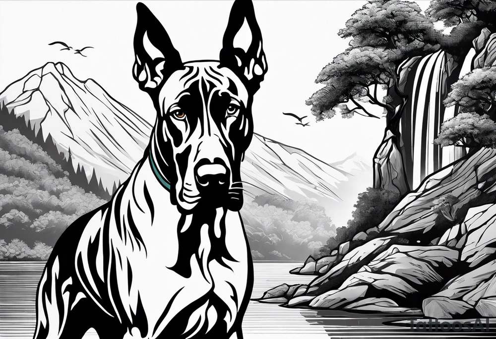 Arm sleeve for man-  with floppy ear Great Dane standing fiercely chest up. With outdoors fill work around the Dane. A waterfall in background tattoo idea