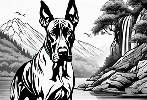 Arm sleeve for man-  with floppy ear Great Dane standing fiercely chest up. With outdoors fill work around the Dane. A waterfall in background tattoo idea