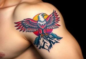 A proud eagle perched on a rugged mountain peak, with a breathtaking sunset behind it, blending fiery oranges, purples, and blues tattoo idea