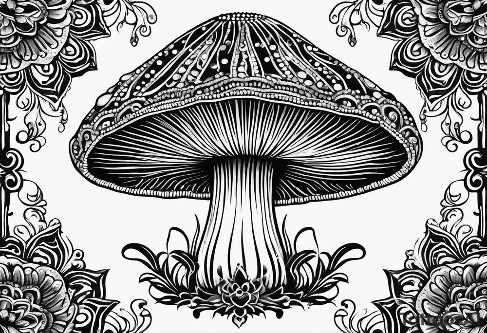 Shaggy cap mushroom dripping ink off cap mandala henna black tattoo design tattoo idea