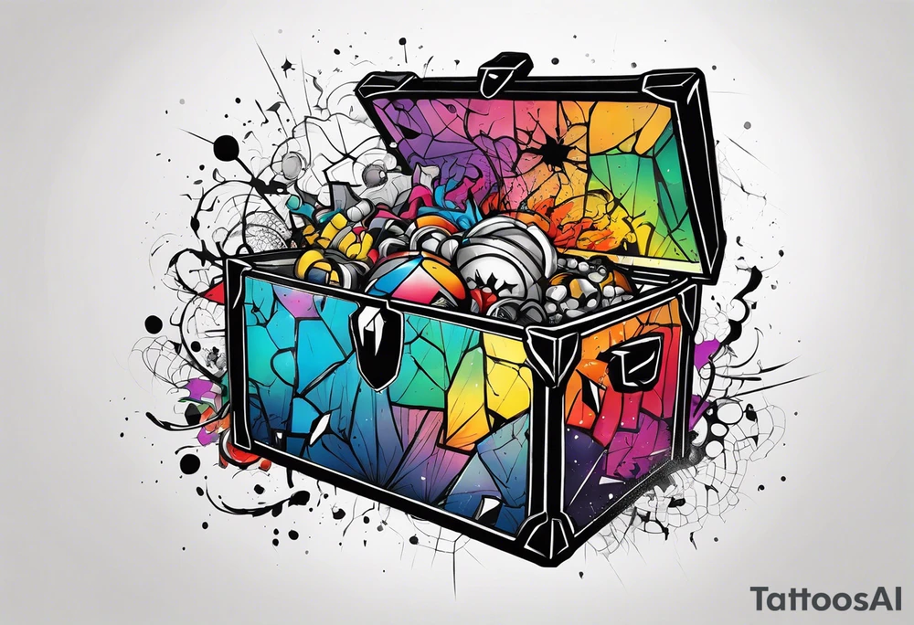 Toy box locked with colors bursting out through the cracks/sides tattoo idea