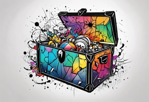 Toy box locked with colors bursting out through the cracks/sides tattoo idea