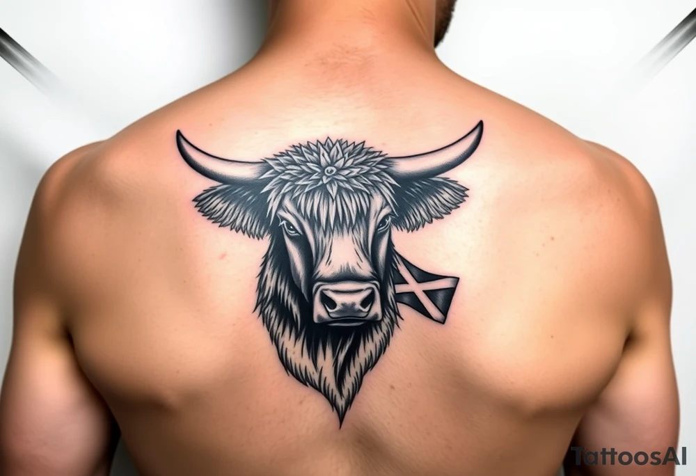 A highland cow with a Scottish thistle crown over one horn and a little Scottish flag tattoo idea