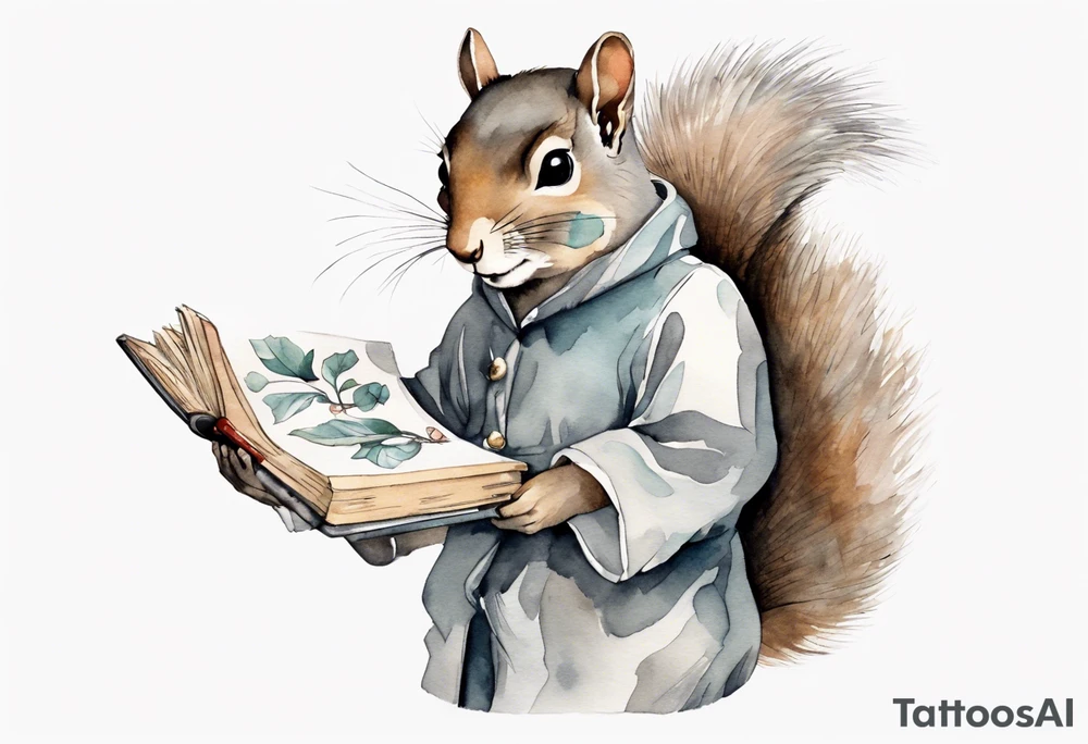 a grey squirrel dressed in a tunic holding a large book tattoo idea