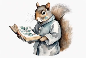 a grey squirrel dressed in a tunic holding a large book tattoo idea