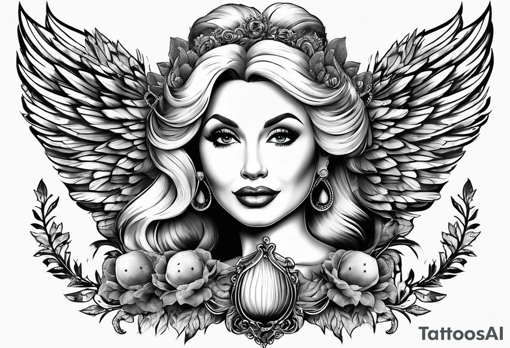 An angelic tattoo featuring Dolly Parton, an acorn, wings tattoo idea