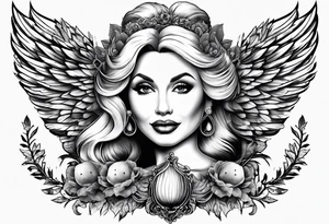 An angelic tattoo featuring Dolly Parton, an acorn, wings tattoo idea