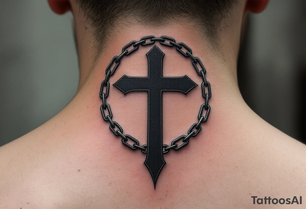 Dark Cross with Chains – A heavy black cross encircled by iron chains in deep gray and silver, symbolizing bondage, strength, and overcoming adversity in the back of a neck. tattoo idea