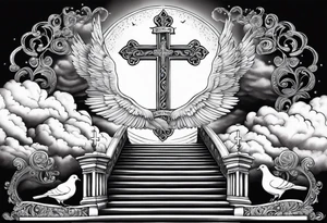 A heavenly stairway to heaven with clouds with a cross with two doves and Bible verse tattoo idea