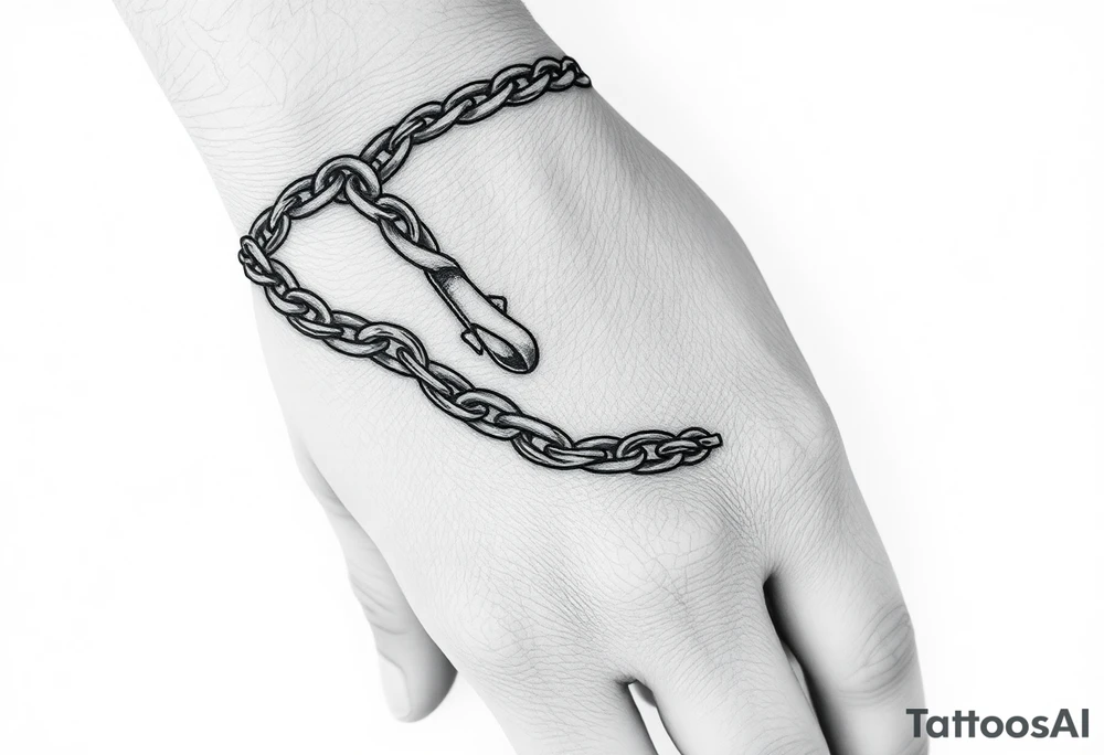 Chains intertwined around wrist going up to the thumb and index finger and connecting tattoo idea