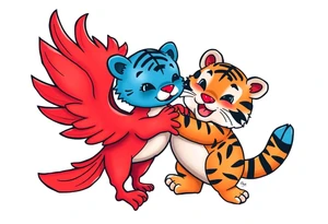 an adorable red phoenix and blue tiger playing together. tattoo idea