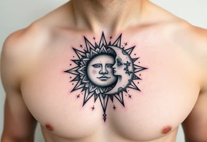 celestial sun and moon embrace with constellation patterns tattoo idea