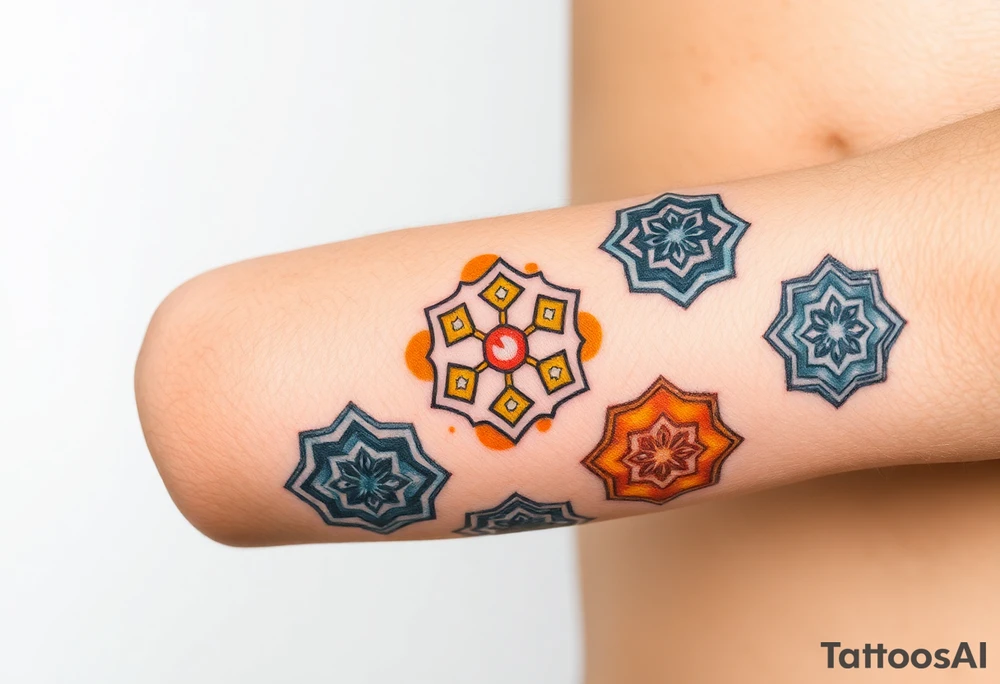 Good karma symbols inside honey combs repeated tattoo idea
