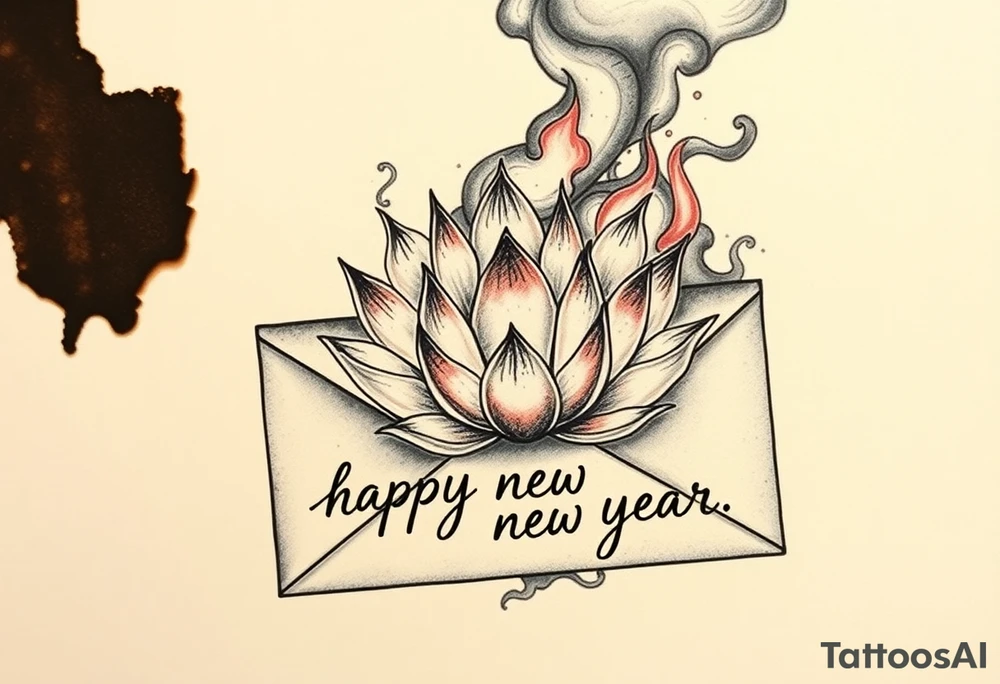 burning envelope with flames, charred paper texture, partially burnt edges, smoke and sparks   lotus flower surrounding envelope, watercolor lotus with gradient petals, traditional ink style lotus   handwritten text "hamburger, happy newyear", vintage cursive font on burnt paper, faded ink effect   neo-traditional tattoo, ink wash lotus, blackwork shading  destruction and rebirth symbolism, lotus emerging from ashes, dynamic fire flow around envelope

contrast between chaos (fire) and serenity (lotus), hidden burger icon in smoke tattoo idea