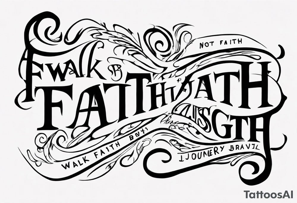 Horizontal inner bicep tattoo. “walk by faith, not by sight” stairwell wrapping around the quote. This design captures the essence of the journey guided by faith. tattoo idea