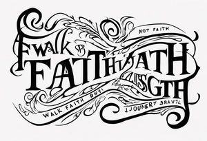 Horizontal inner bicep tattoo. “walk by faith, not by sight” stairwell wrapping around the quote. This design captures the essence of the journey guided by faith. tattoo idea
