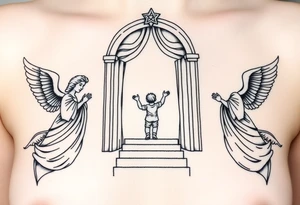 3 angels holding open the gates of heaven with the male figure walking up the steps.Saying fly high baby boy tattoo idea