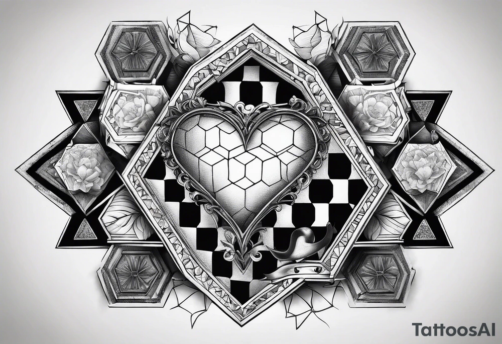 hexagon chest heart  surrounded by hexagons tattoo idea