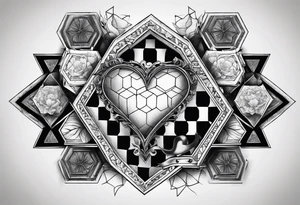 hexagon chest heart  surrounded by hexagons tattoo idea