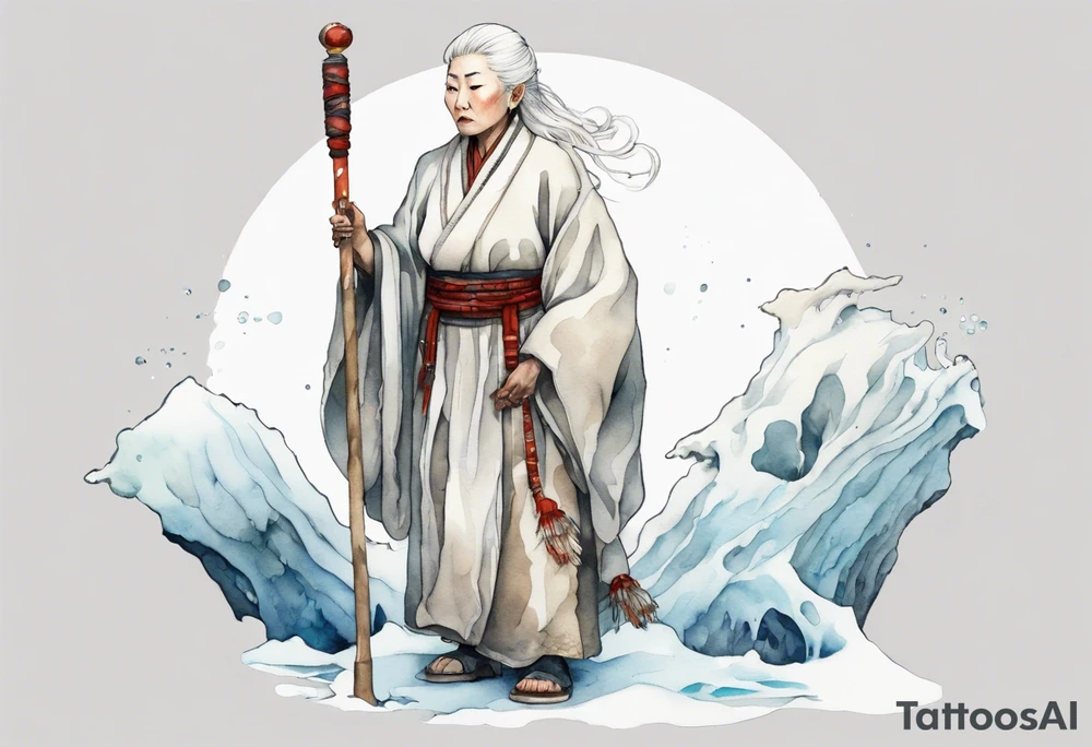 a 40 year old Sami woman with white hair and a white robe holding a long ivory staff, standing on an iceberg tattoo idea