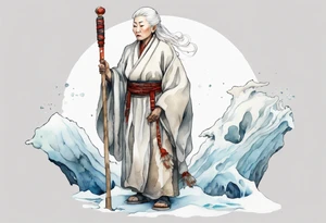 a 40 year old Sami woman with white hair and a white robe holding a long ivory staff, standing on an iceberg tattoo idea