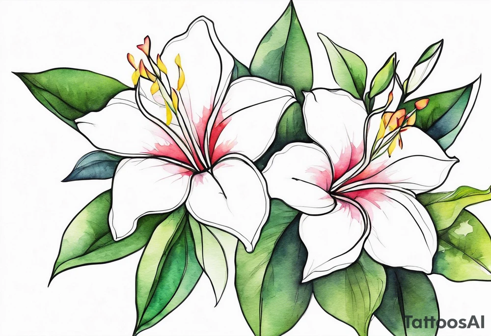 white background, abstract mandevilla flowers on a vine, part of it watercolor, part of it just line work tattoo idea