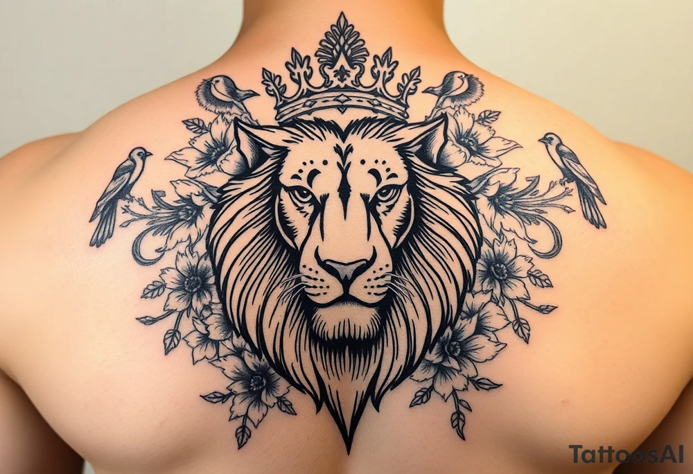 powerful majestic lion with a crown, surrounded by floral ornaments and birds tattoo idea