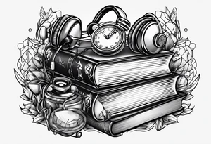 Books, video games, stethoscope, music, drums tattoo idea