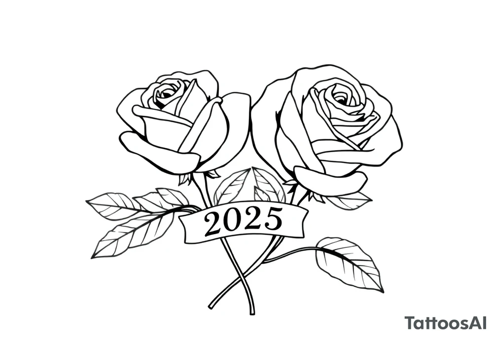 two beautiful large rose buds, one larger than the other, with many leaves next to the rose buds, with one sitting higher than the other. Include a banner connecting the two roses with the year 2025 on it.   Use dark outlines with little shading. The two stems should be short, not long, and connect and join into one stem, whimsically curved or twisted - not straight down. tattoo idea