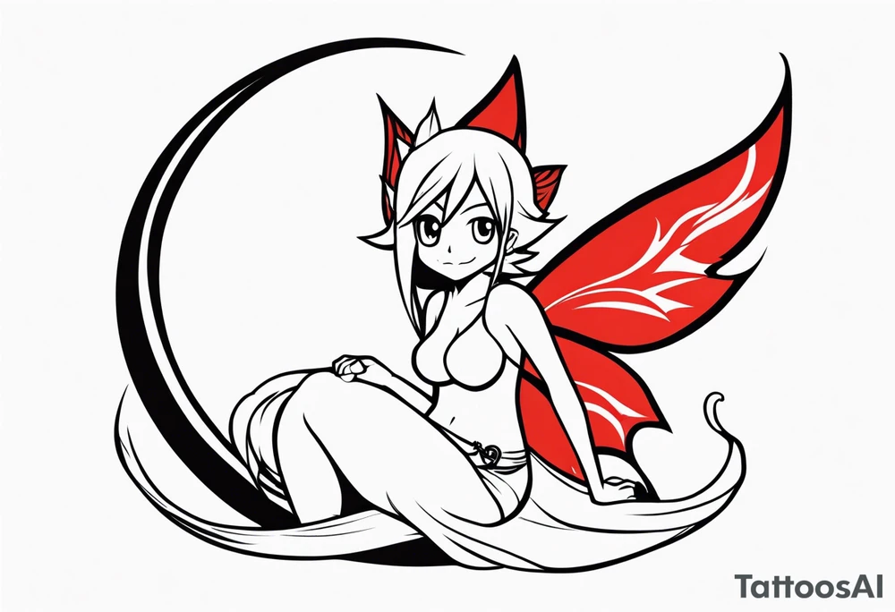 A fairy with a tail inspired by the logo of the show called Fairy Tail in a fetal position leaning in tattoo idea