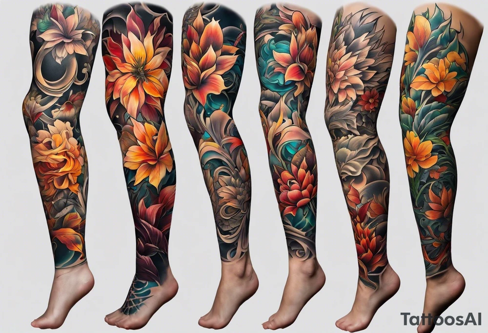 Arm sleeve with fall colors, various flowers, water flow tattoo idea