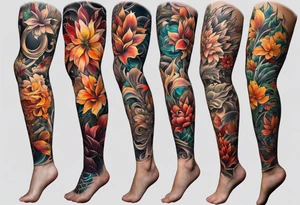 Arm sleeve with fall colors, various flowers, water flow tattoo idea