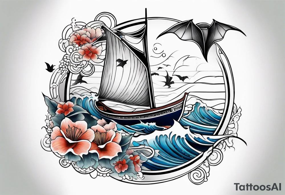 sailboat with pacific sheepshead and bat ray below the water line tattoo idea