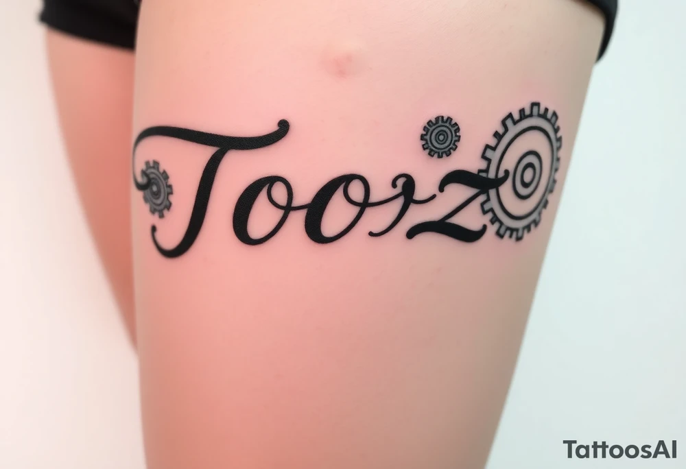 Tooz in cursive surrounded by large gears tattoo idea