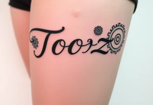 Tooz in cursive surrounded by large gears tattoo idea