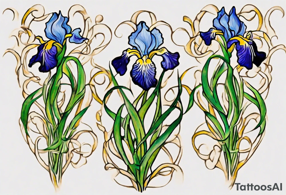 Create a small, thick, colorful Vincent van Gogh Irises tattoo, with vines in Celtic knots gracefully intertwining at mountains, needs to be present. The intended placement is on the upper chest. The overall design should be small in size while maintaining a delicate and artistic aesthetic. Pay attention to the graceful flow of the vines and the placement of the irises to achieve a refined and elegant look. tattoo idea