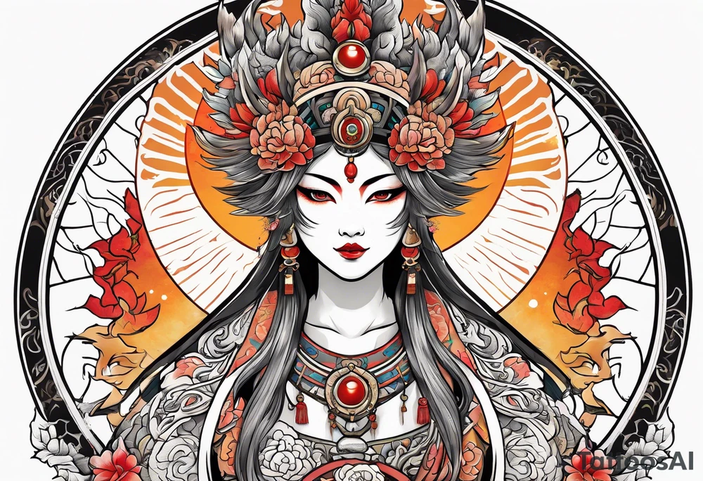 Japanese sun goddess Amaterasu with headdress and mirror tattoo idea