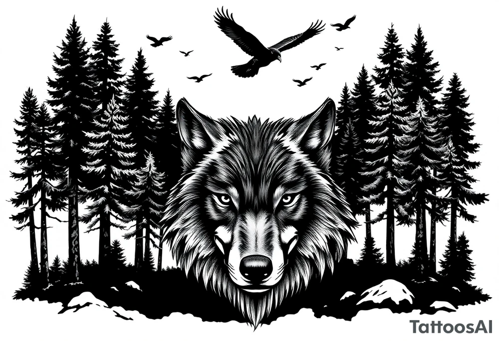 Wolf head surrounded by large pine trees growing from black ground and small ravens flying overhead tattoo idea