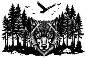 Wolf head surrounded by large pine trees growing from black ground and small ravens flying overhead tattoo idea