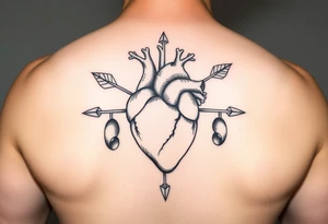 anatomical heart pierced by ornate arrow with flowing ribbons tattoo idea