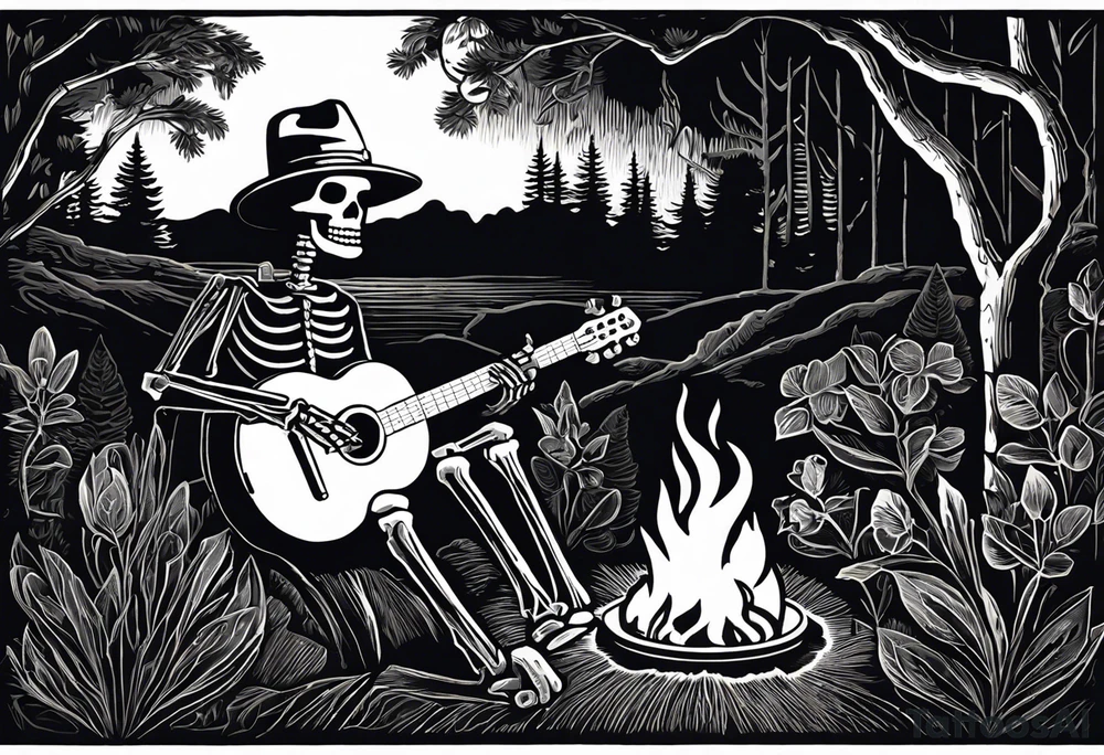 Foreground: The skeleton in a coal miner's hat, animatedly playing the banjo. The light from the campfire illuminates the skeleton and the nearby surroundings, casting intricate shadows.
Midground: The glowing campfire, with flames realistically designed in black and grey shades to emphasize movement and light.
Background: Subtle outlines and shading of rhododendron plants, giving a natural and dense feel to the woods. These can be stylized to blend seamlessly with the style of the tattoo.
Sky: A night sky speckled with stars, adding depth and a sense of time to the scene, with the stars providing a contrast against the dark sky. tattoo idea