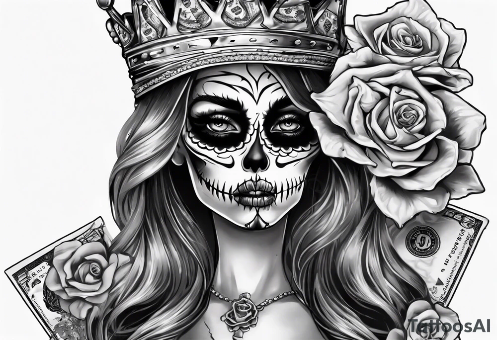 santa la muerta with money and crown
on the card tattoo idea