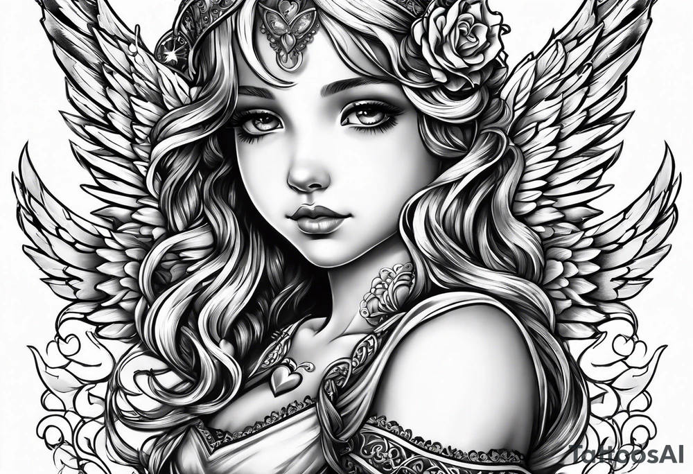 kids angel with heart on hands tattoo idea