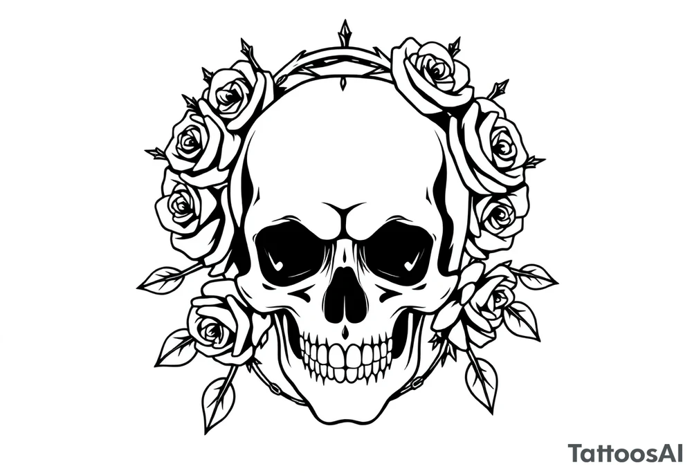 ornate skull adorned with crown of wild roses and thorns tattoo idea