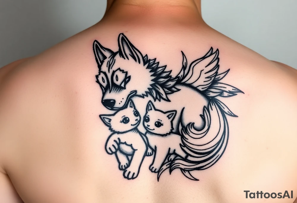 Japanese Fô dog with baby Fô dog under her paw with wind elements around tattoo idea